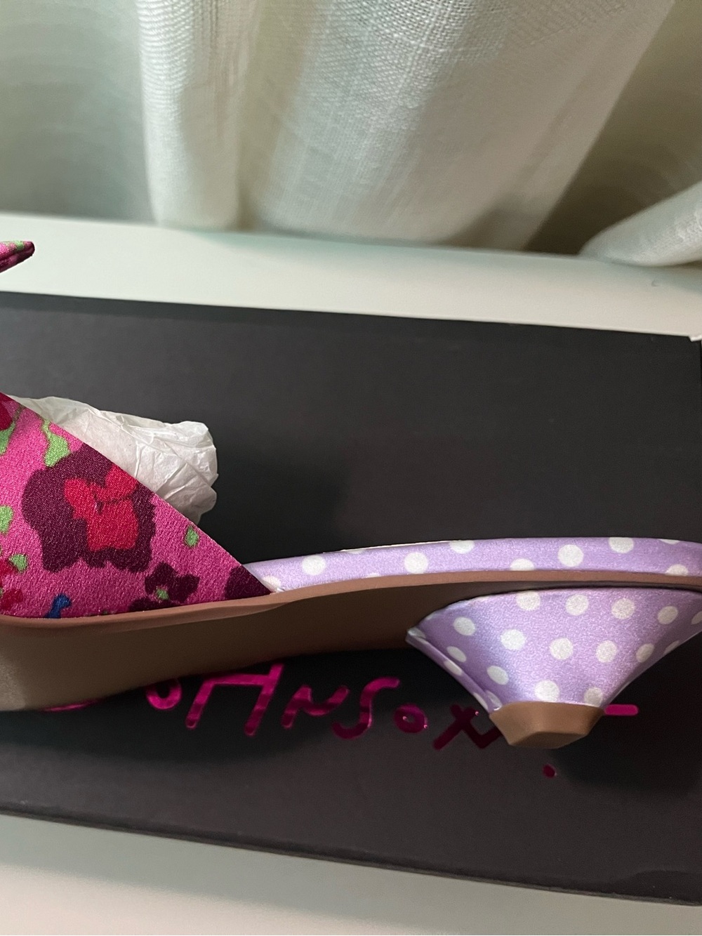 Betsey Johnson AYLAH  Hot Pink Bow Slide Sandals with Purple Polka-Dot Footbed - Picture 5 of 7